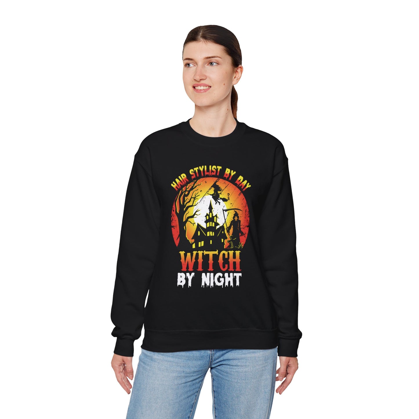 Hair Stylist By Day Witch By Night Women’s Heavy Blend Crewneck Sweatshirt