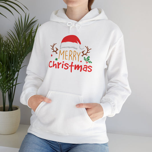 Merry Christmas Reindeer Hoodie – Santa Hat Holiday Unisex Sweatshirt, Festive Xmas Pullover