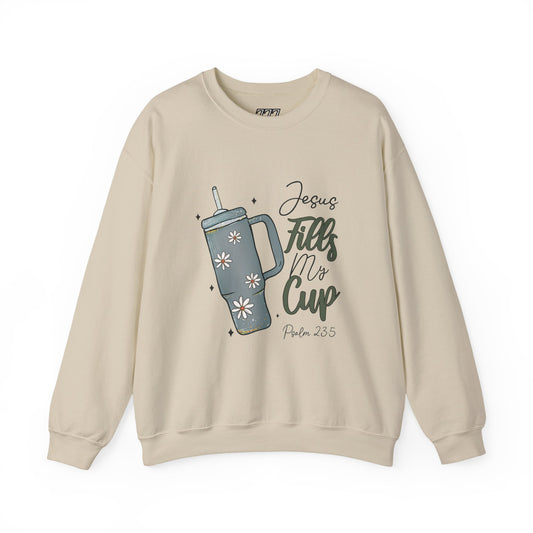 Jesus Fills My Cup Christian Sweatshirt – Faith Bible Verse Psalm 23:5 Inspirational Unisex Heavy Blend Crewneck