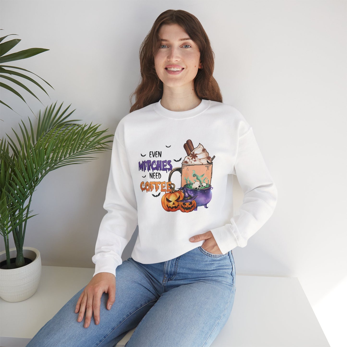 Even Witches Need Coffee Women’s Heavy Blend Crewneck Sweatshirt