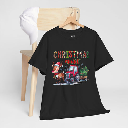 Christmas Spirit Unisex Heavy Cotton T-Shirt – Cute Reindeer & Red Tractor Holiday Tee