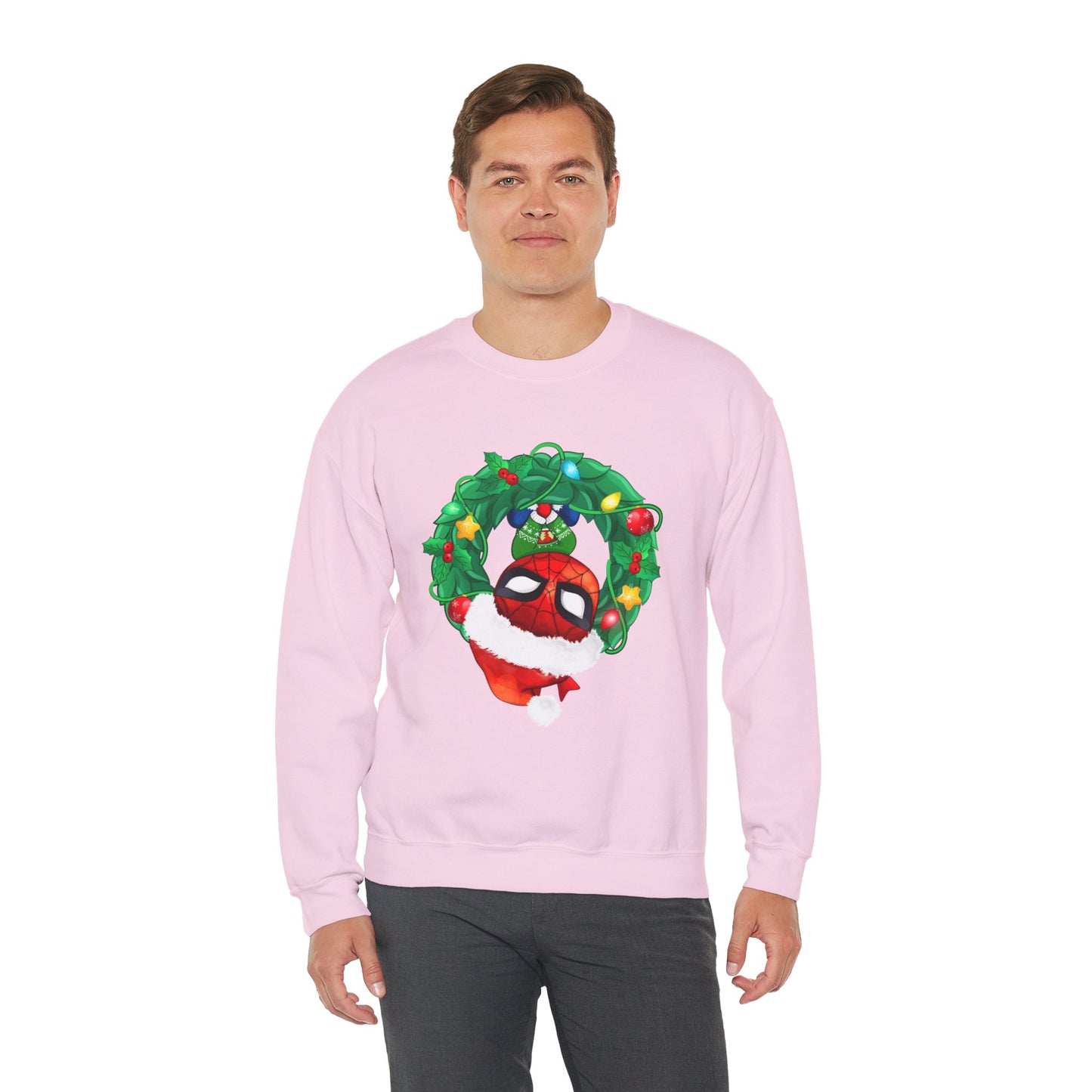 Spidey Wreath Christmas Sweatshirt – Superhero Holiday Lights Festive Unisex Heavy Blend Crewneck
