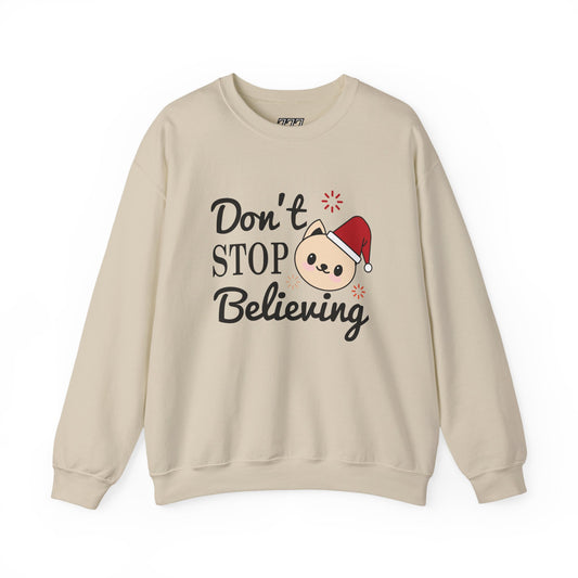 Don’t Stop Believing Christmas Crewneck – Cute Santa Cat Holiday Sweatshirt (Unisex)