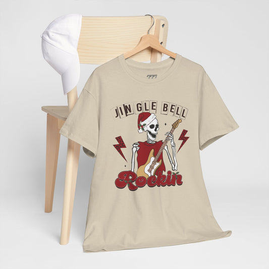 Jingle Bell Rockin’ Skeleton Christmas Rock Music Holiday Tee – Retro Guitar Santa Unisex Heavy Cotton T-Shirt