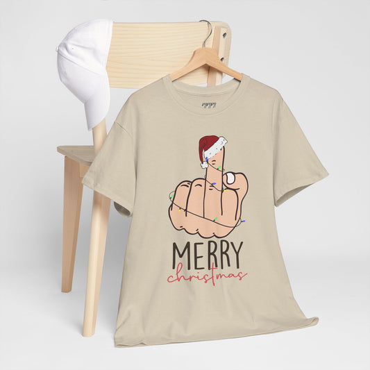 Merry Christmas Middle Finger Funny Adult Holiday Tee – Sarcastic Santa Joke Unisex Heavy Cotton T-Shirt