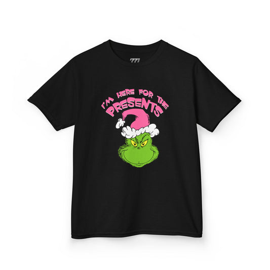 I’m Here for the Presents Kids Christmas T-Shirt – Funny Holiday Santa Hat Tee
