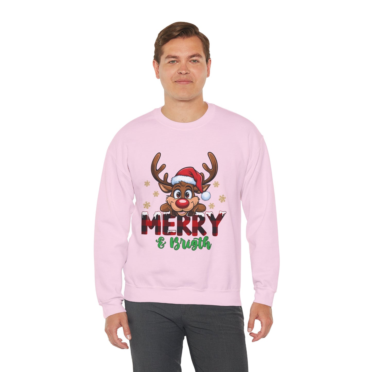 Merry & Bright Unisex Heavy Blend Crewneck Sweatshirt – Cute Christmas Reindeer Holiday Sweater