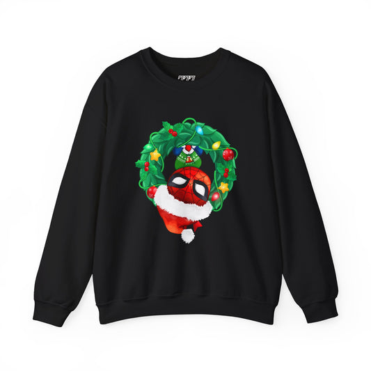Spidey Wreath Christmas Sweatshirt – Superhero Holiday Lights Festive Unisex Heavy Blend Crewneck