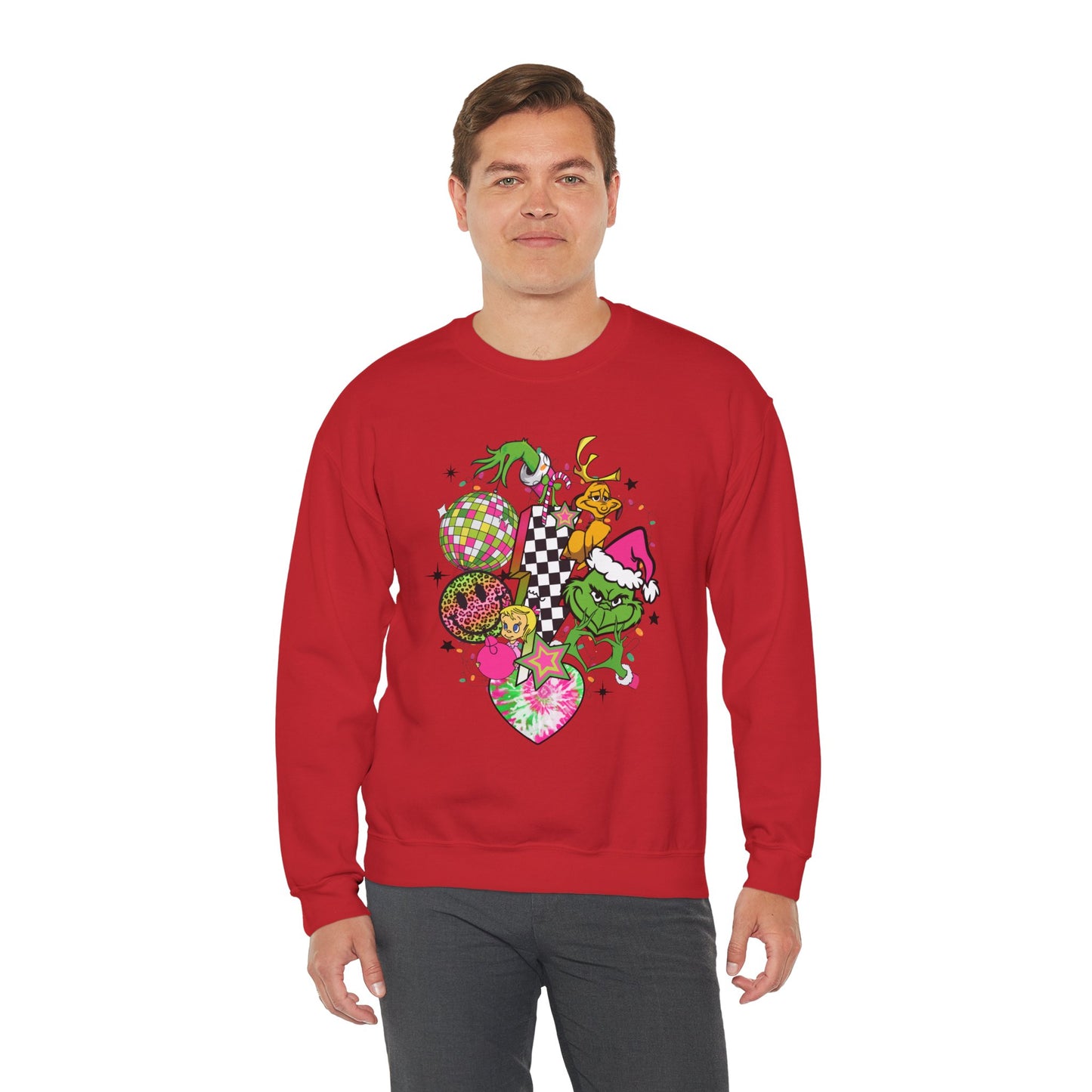 Grinchy Bells Christmas Crewneck – Neon Holiday Hearts & Grumpy Green Aesthetic Sweatshirt (Unisex)