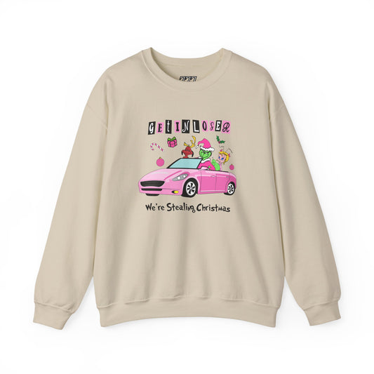 Get In Loser We’re Stealing Christmas Crewneck – Funny Green Holiday Creature Sweatshirt (Unisex)