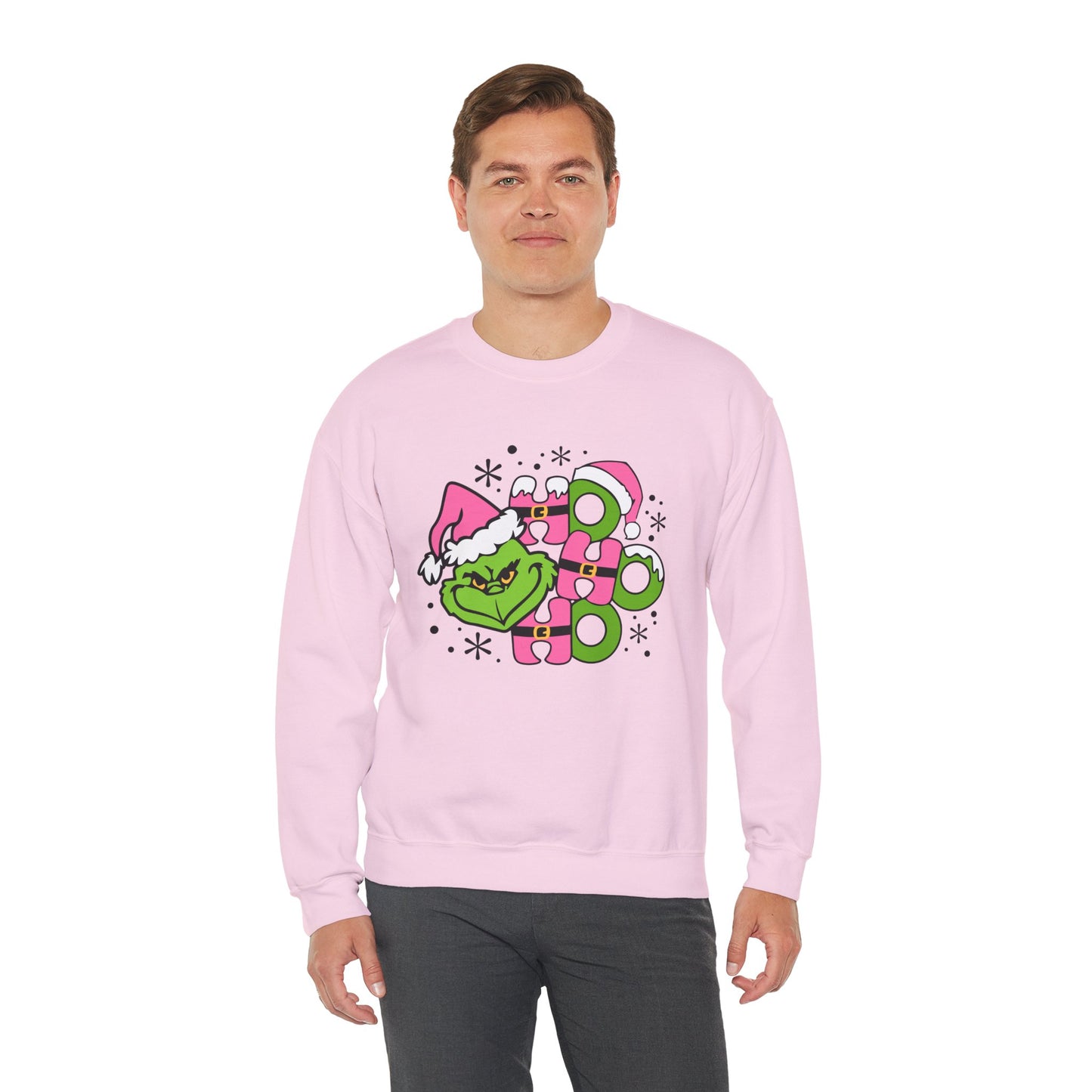 HO HO HO Funny Christmas Grinch-Inspired Holiday Sweatshirt – Cute Pink Santa Unisex Heavy Blend Crewneck