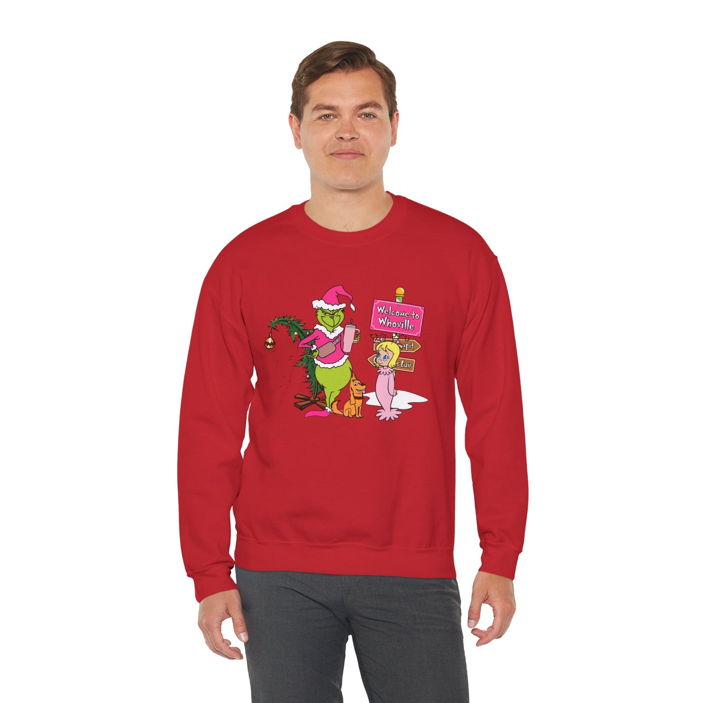 Welcome to Merryville Christmas Crewneck – Cute Green Creature & Winter Village Sweatshirt (Unisex)