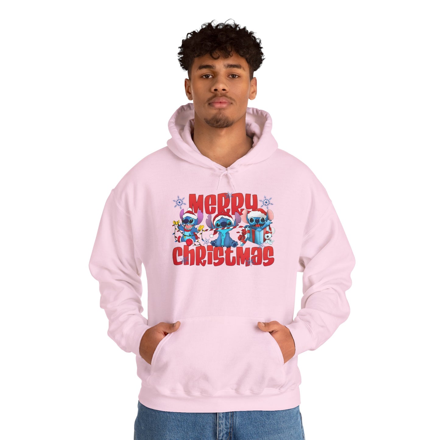 Merry Christmas Unisex Heavy Blend Hooded Sweatshirt – Cute Blue Holiday Characters Hoodie