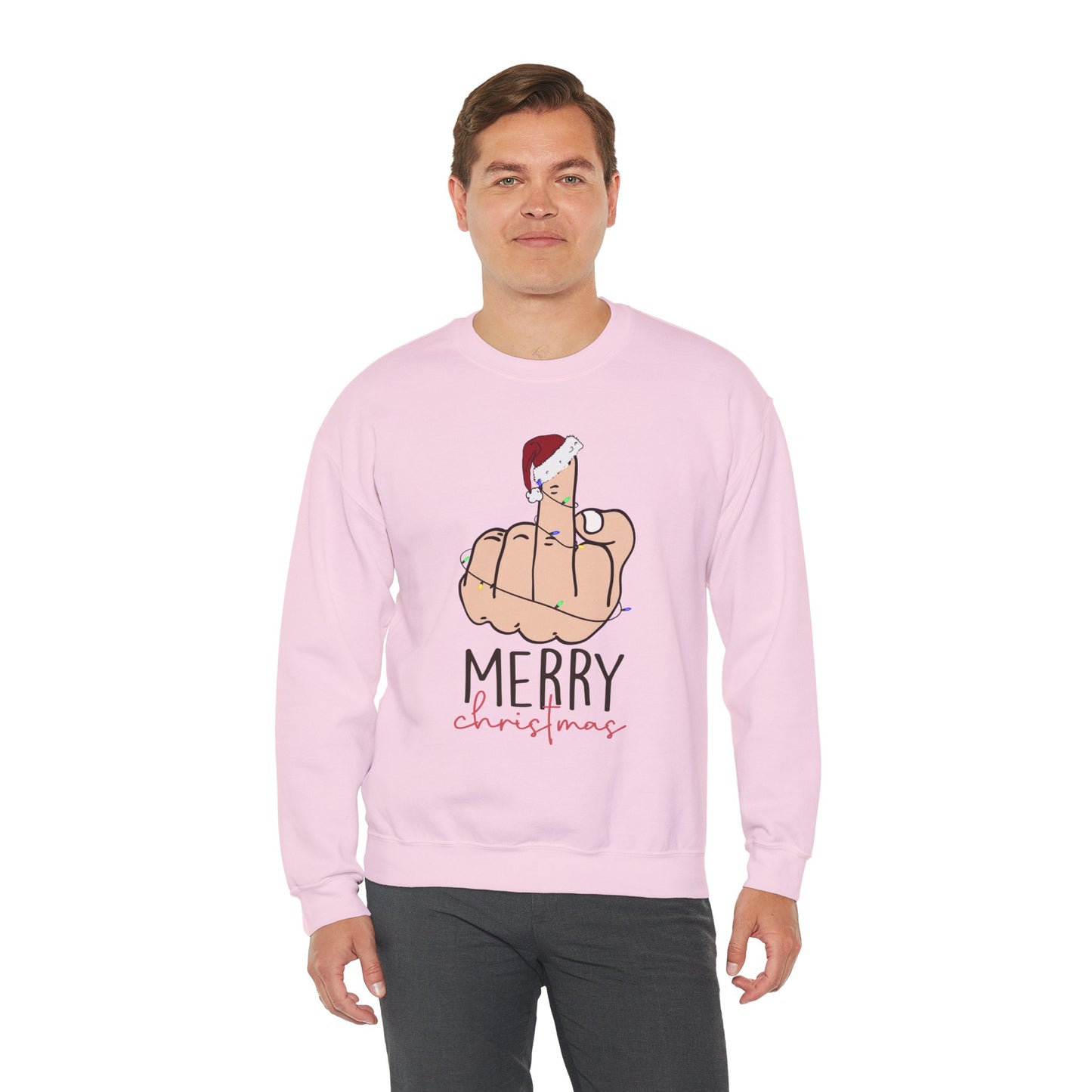 Merry Christmas Middle Finger Funny Adult Holiday Sweatshirt – Sarcastic Santa Joke Unisex Heavy Blend Crewneck