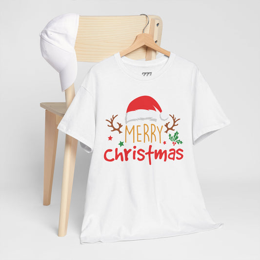 Merry Christmas Reindeer Unisex T-Shirt – Santa Hat Holiday Graphic Tee, Festive Xmas Shirt
