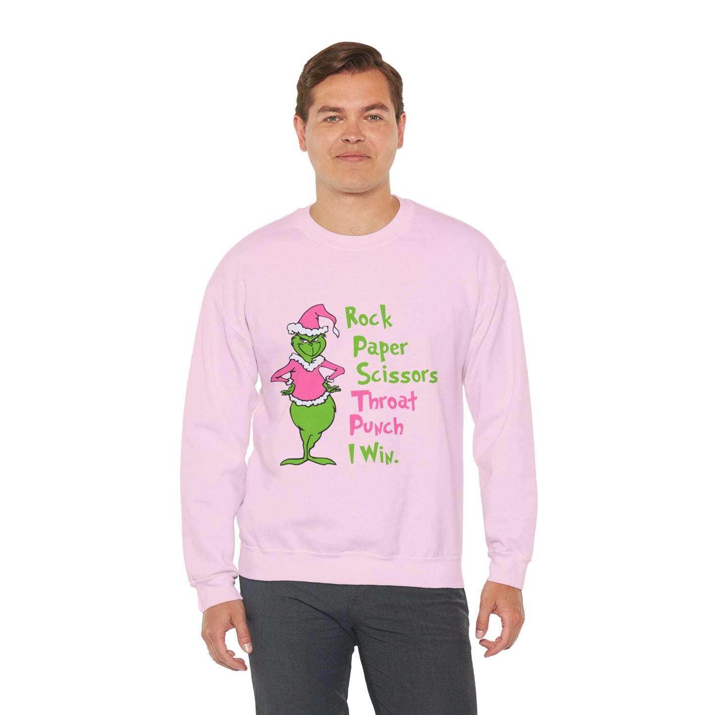 Rock Paper Scissors Throat Punch I Win Funny Christmas Grinch-Inspired Holiday Sweatshirt – Sarcastic Pink Santa Unisex Heavy Blend Crewneck