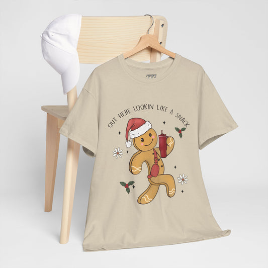 Out Here Looking Like a Snack Gingerbread Funny Christmas Holiday Tee – Cute Santa Hat Festive Unisex Heavy Cotton T-Shirt