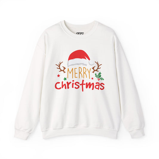 Merry Christmas Reindeer Crewneck – Santa Hat Holiday Unisex Sweatshirt, Festive Xmas Pullover