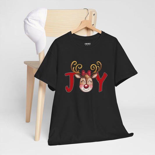 Reindeer Joy Women’s Christmas T-Shirt – Cute Holiday Reindeer Face Heavy Cotton Tee
