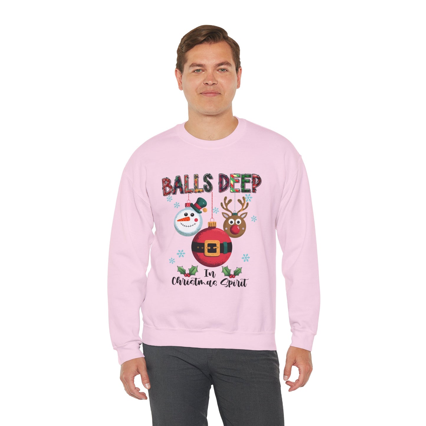 Balls Deep in Christmas Spirit Unisex Heavy Blend Crewneck Sweatshirt – Funny Adult Holiday Snowman & Reindeer Sweater