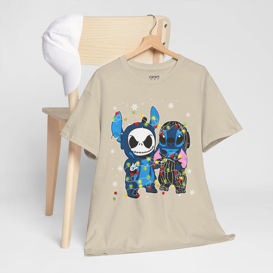 Cute Holiday Duo Christmas Unisex Heavy Cotton T-Shirt – Cartoon Alien & Skeleton Festive Tee