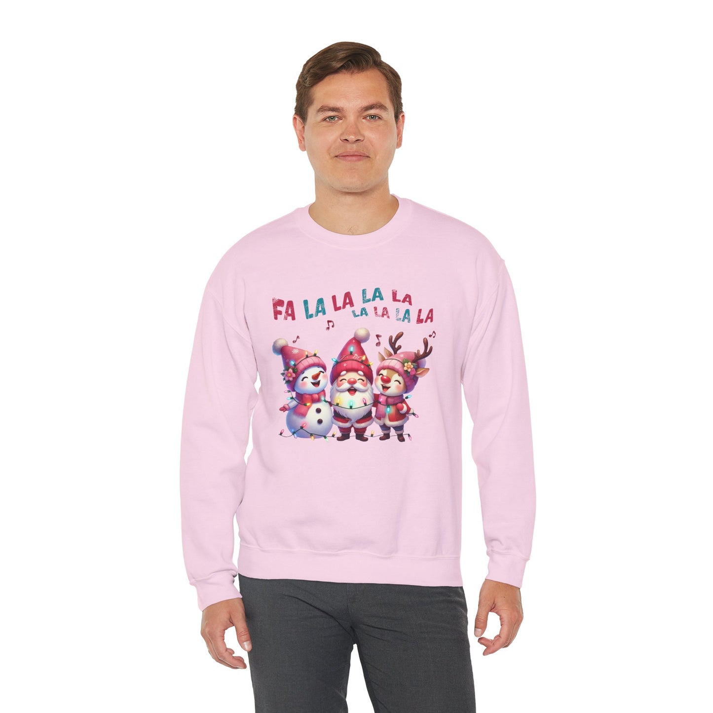 Festive Caroling Trio Christmas Crewneck – Cute Santa, Snowman & Reindeer Holiday Sweatshirt (Unisex)