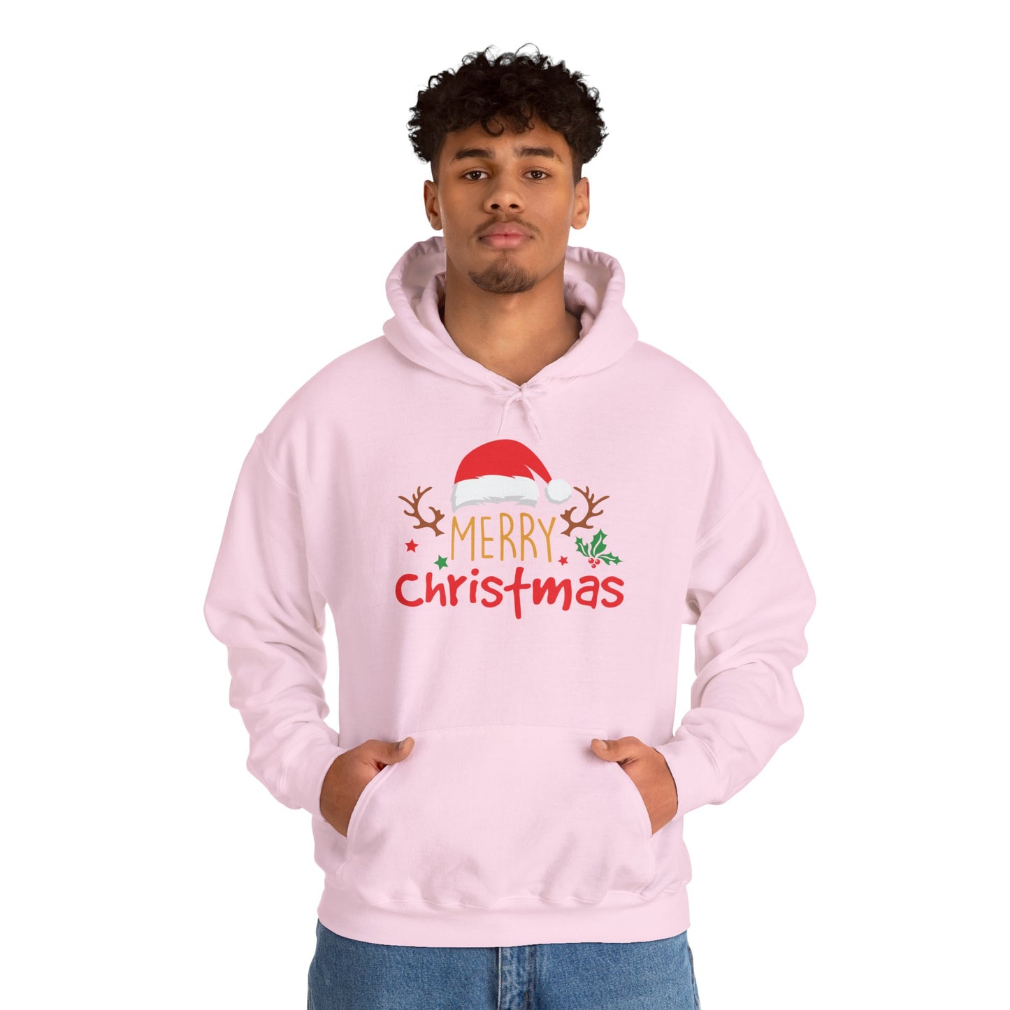 Merry Christmas Reindeer Hoodie – Santa Hat Holiday Unisex Sweatshirt, Festive Xmas Pullover