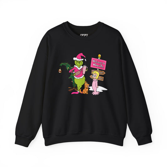 Welcome to Merryville Christmas Crewneck – Cute Green Creature & Winter Village Sweatshirt (Unisex)