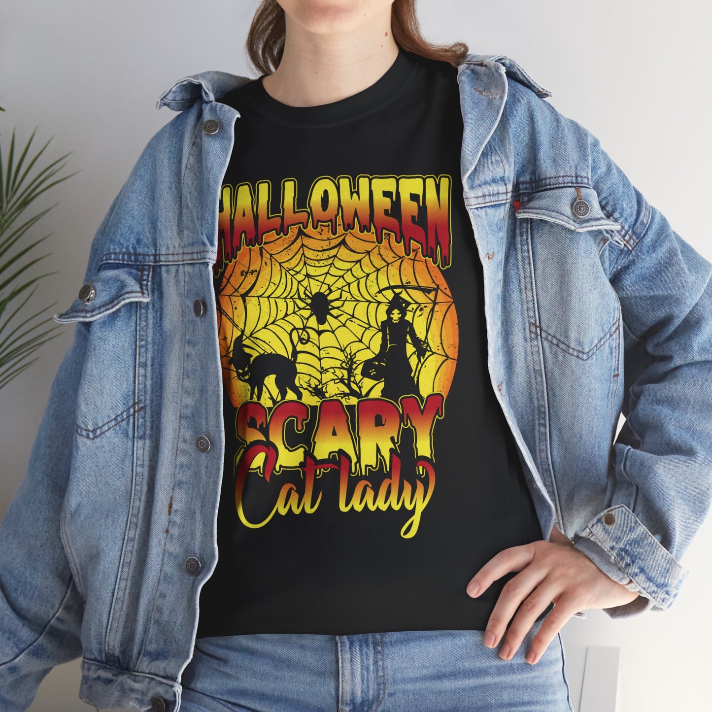 Halloween Scary Cat Lady Unisex Heavy Cotton T-Shirt