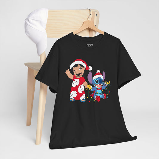 Island Holiday Duo T-Shirt – Festive Blue Alien & Girl Graphic Tee