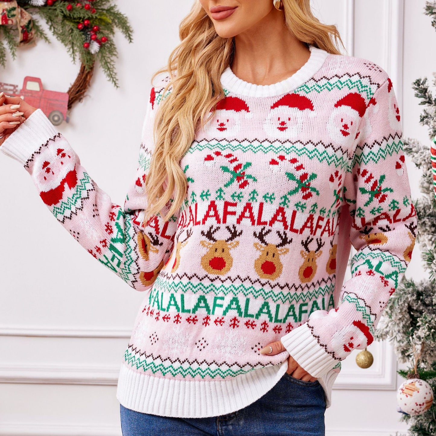 Pink Christmas Knitted Sweater – Cute Reindeer & Santa Holiday Pullover for Autumn & Winter