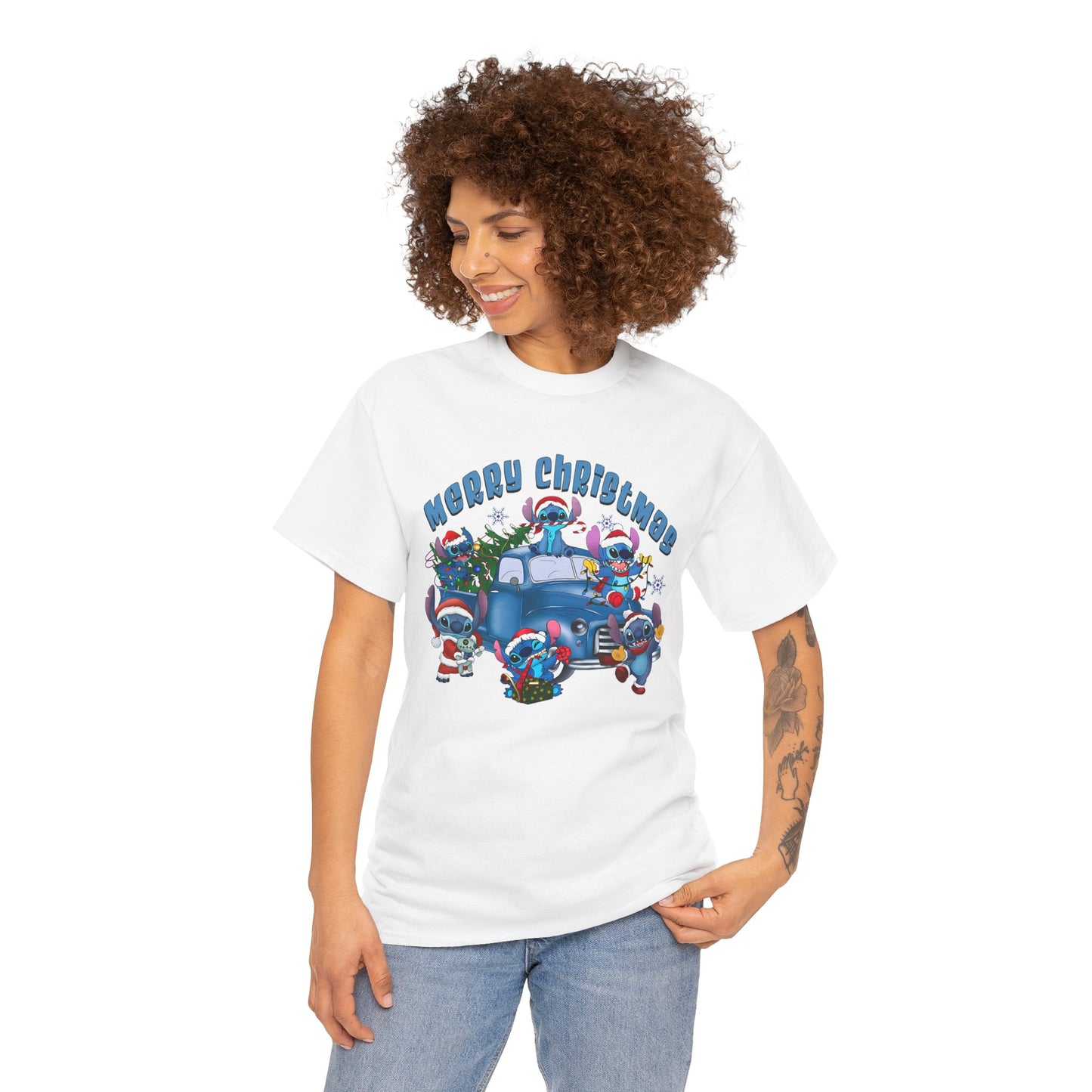 Merry Christmas Unisex Heavy Cotton T-Shirt – Blue Christmas Truck & Cute Holiday Characters Tee