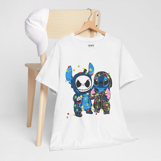 Cute Holiday Duo Christmas Unisex Heavy Cotton T-Shirt – Cartoon Alien & Skeleton Festive Tee