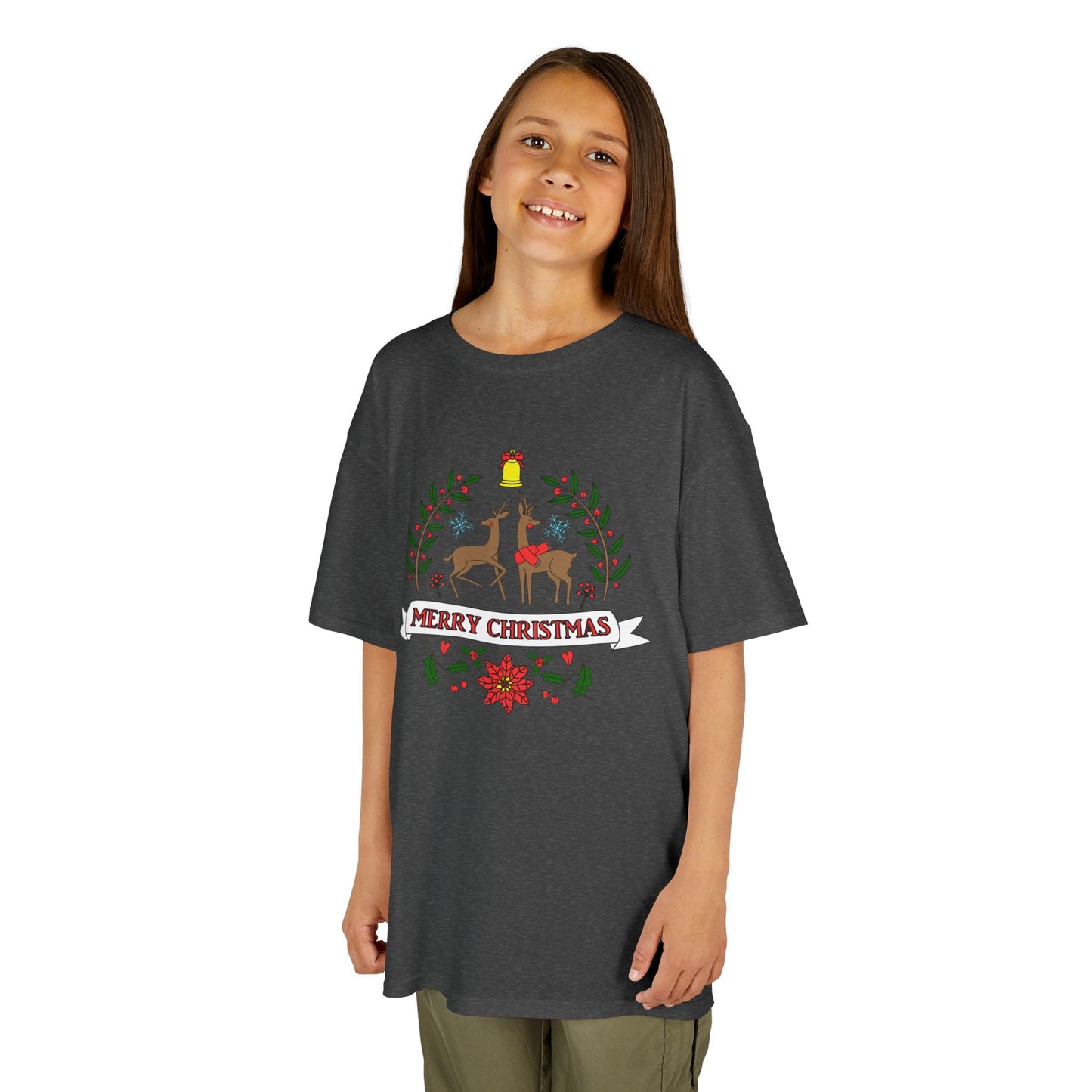 Merry Christmas Reindeer Kids T-Shirt – Cute Holiday Laurel & Poinsettia Tee