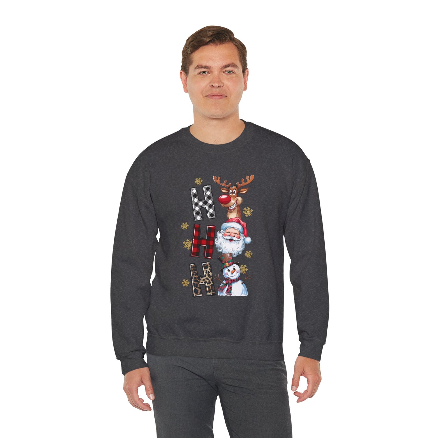 HO HO HO Christmas Unisex Heavy Blend Crewneck Sweatshirt – Santa, Reindeer & Snowman Holiday Sweater