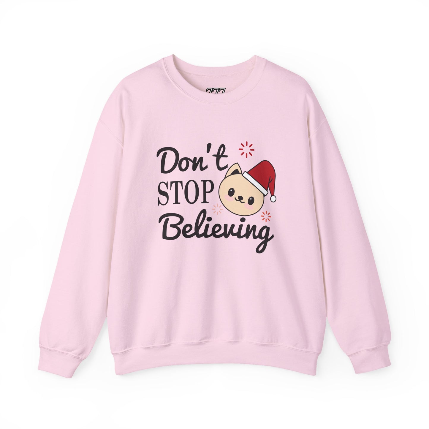 Don’t Stop Believing Christmas Crewneck – Cute Santa Cat Holiday Sweatshirt (Unisex)