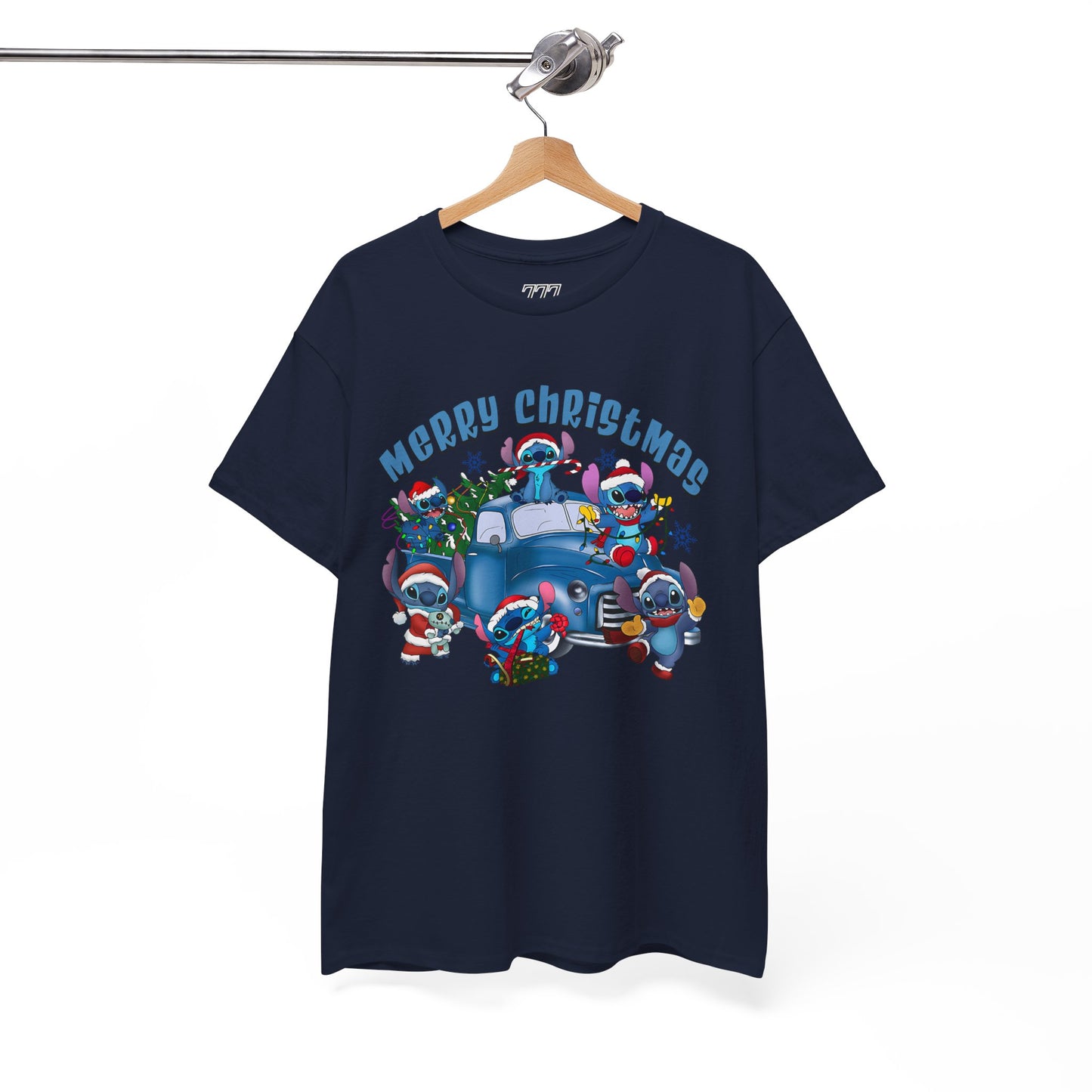 Merry Christmas Unisex Heavy Cotton T-Shirt – Blue Christmas Truck & Cute Holiday Characters Tee