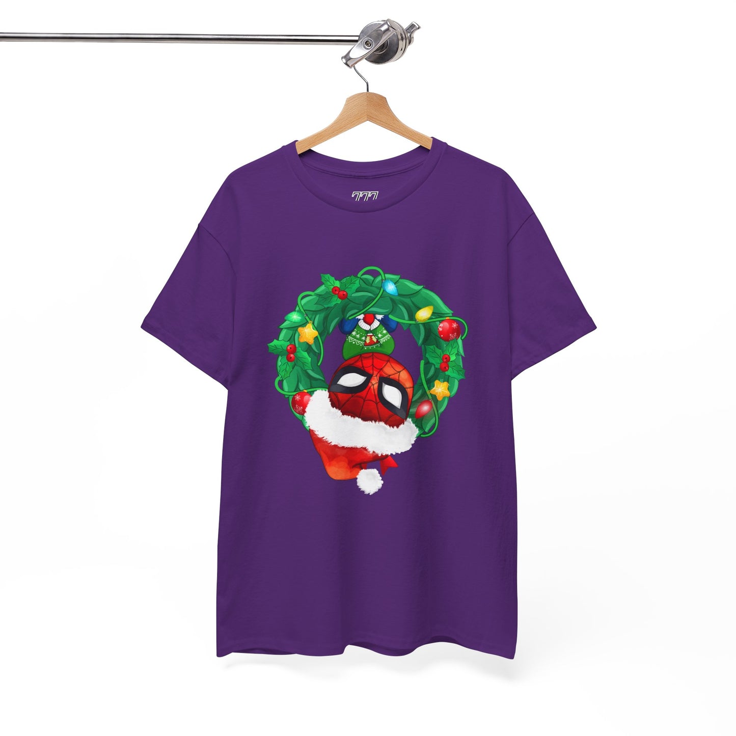 Spidey Wreath Christmas Tee – Superhero Holiday Lights Festive Unisex Heavy Cotton T-Shirt