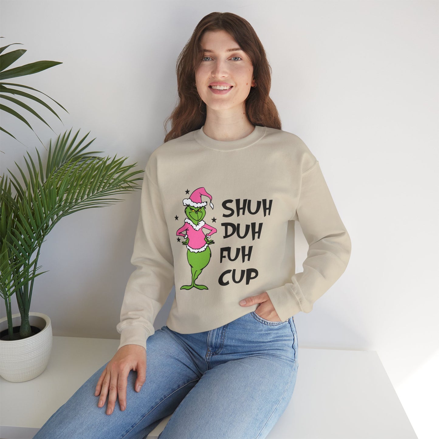 SHUH DUH FUH CUP Funny Christmas Grinch-Inspired Holiday Sweatshirt – Sarcastic Festive Unisex Heavy Blend Crewneck