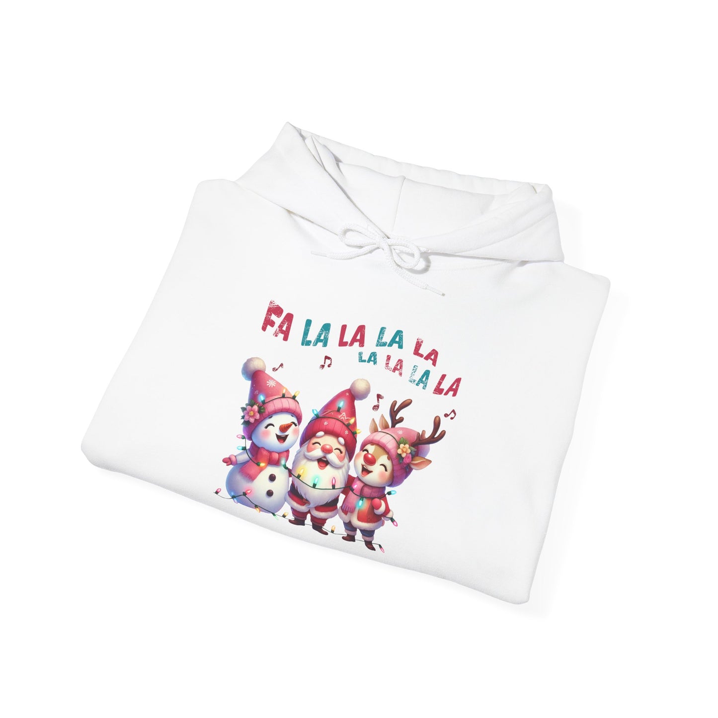 Festive Caroling Trio Christmas Hoodie – Cute Santa, Snowman & Reindeer Holiday Sweatshirt (Unisex)