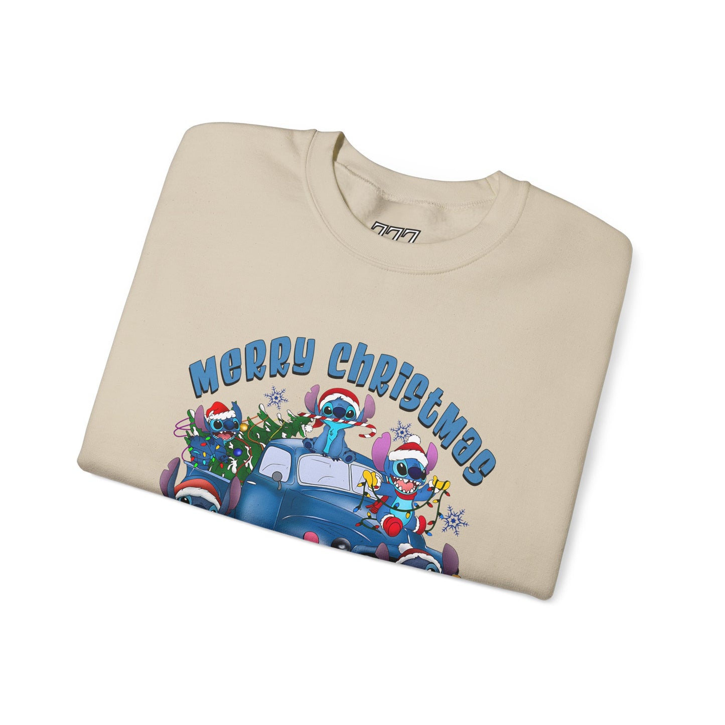 Merry Christmas Unisex Heavy Blend Crewneck Sweatshirt – Blue Christmas Truck & Cute Holiday Characters Sweater