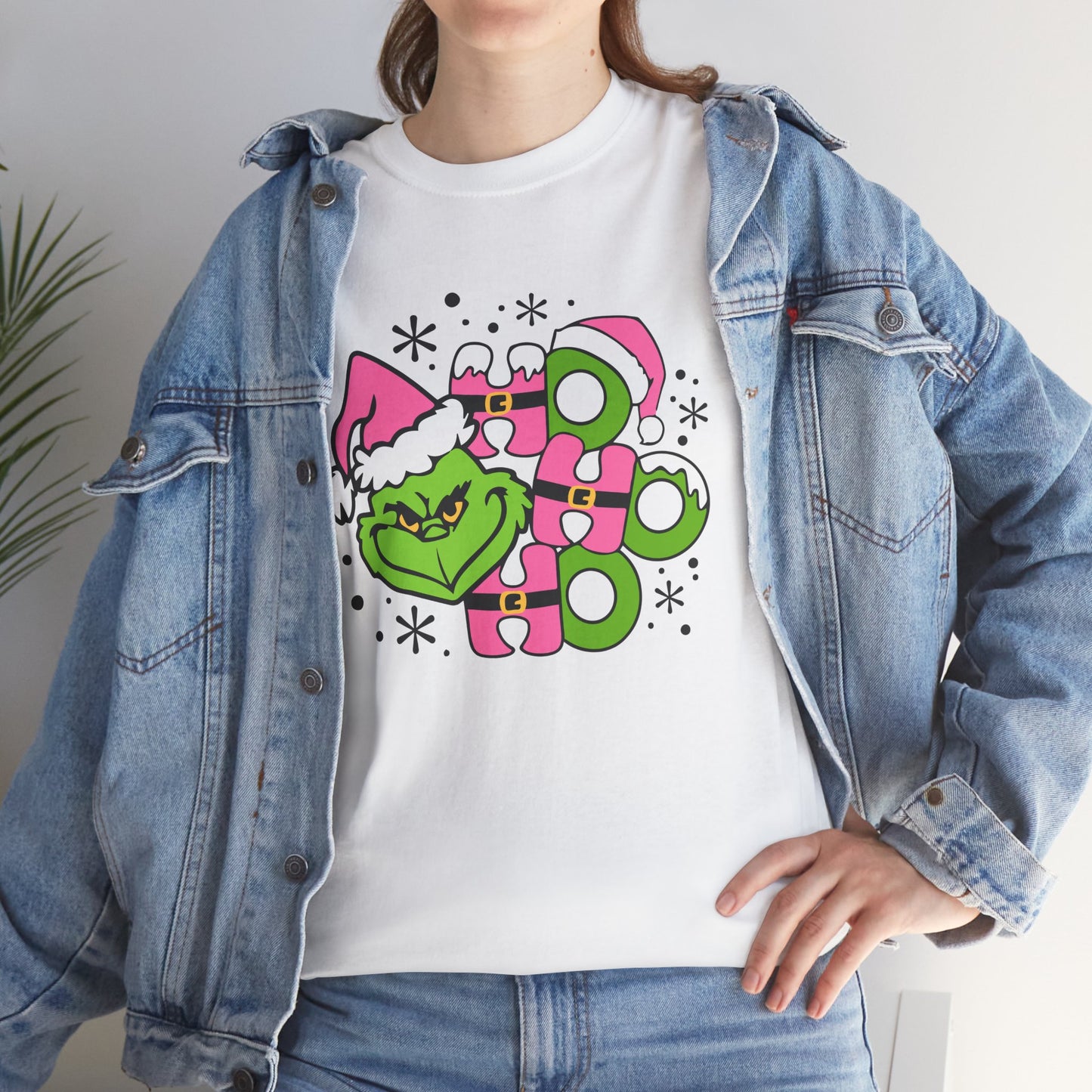 HO HO HO Funny Christmas Grinch-Inspired Holiday Tee – Cute Pink Santa Unisex Heavy Cotton T-Shirt