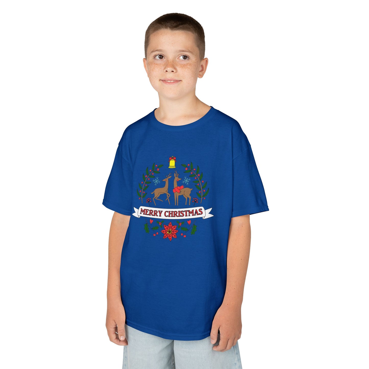 Merry Christmas Reindeer Kids T-Shirt – Cute Holiday Laurel & Poinsettia Tee
