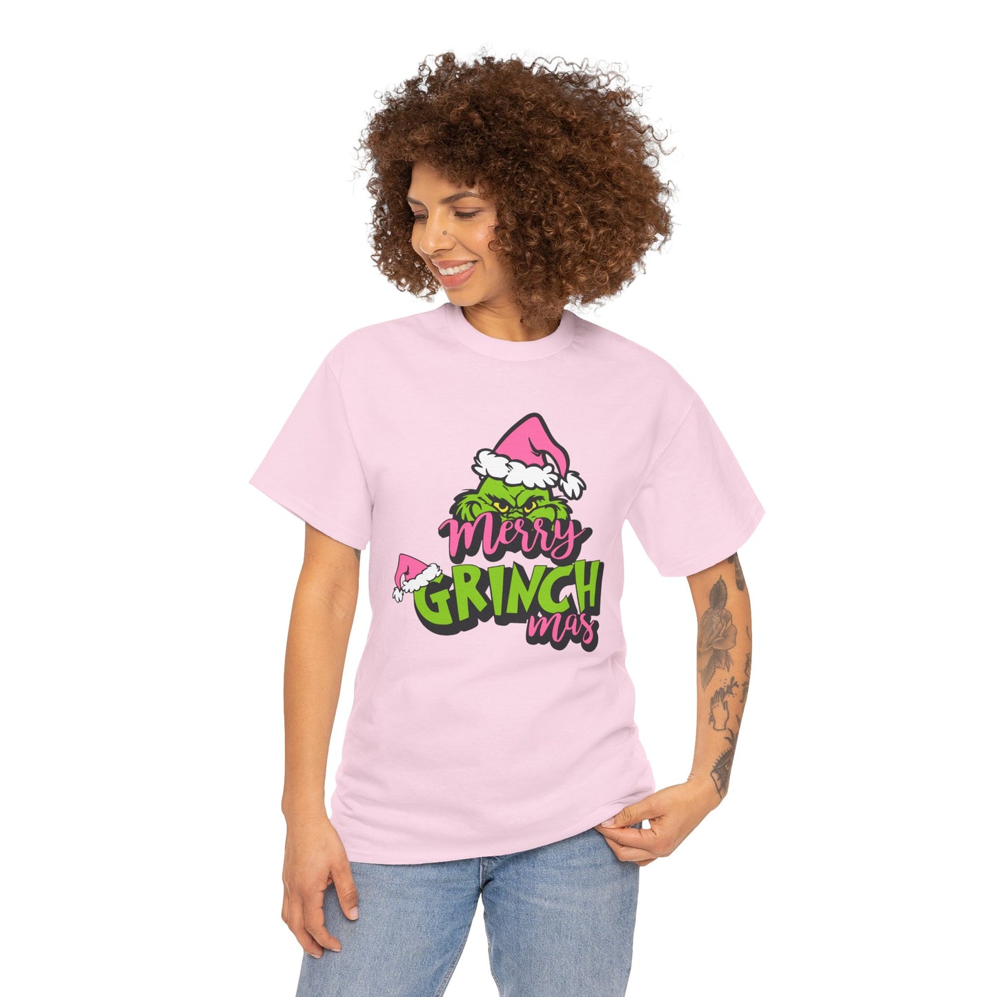 Merry Grinchmas Funny Christmas Grinch-Inspired Holiday Tee – Pink Santa Festive Unisex Heavy Cotton T-Shirt