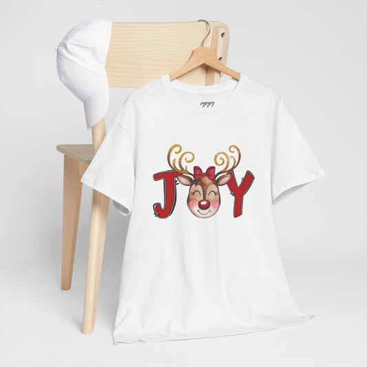 Reindeer Joy Women’s Christmas T-Shirt – Cute Holiday Reindeer Face Heavy Cotton Tee