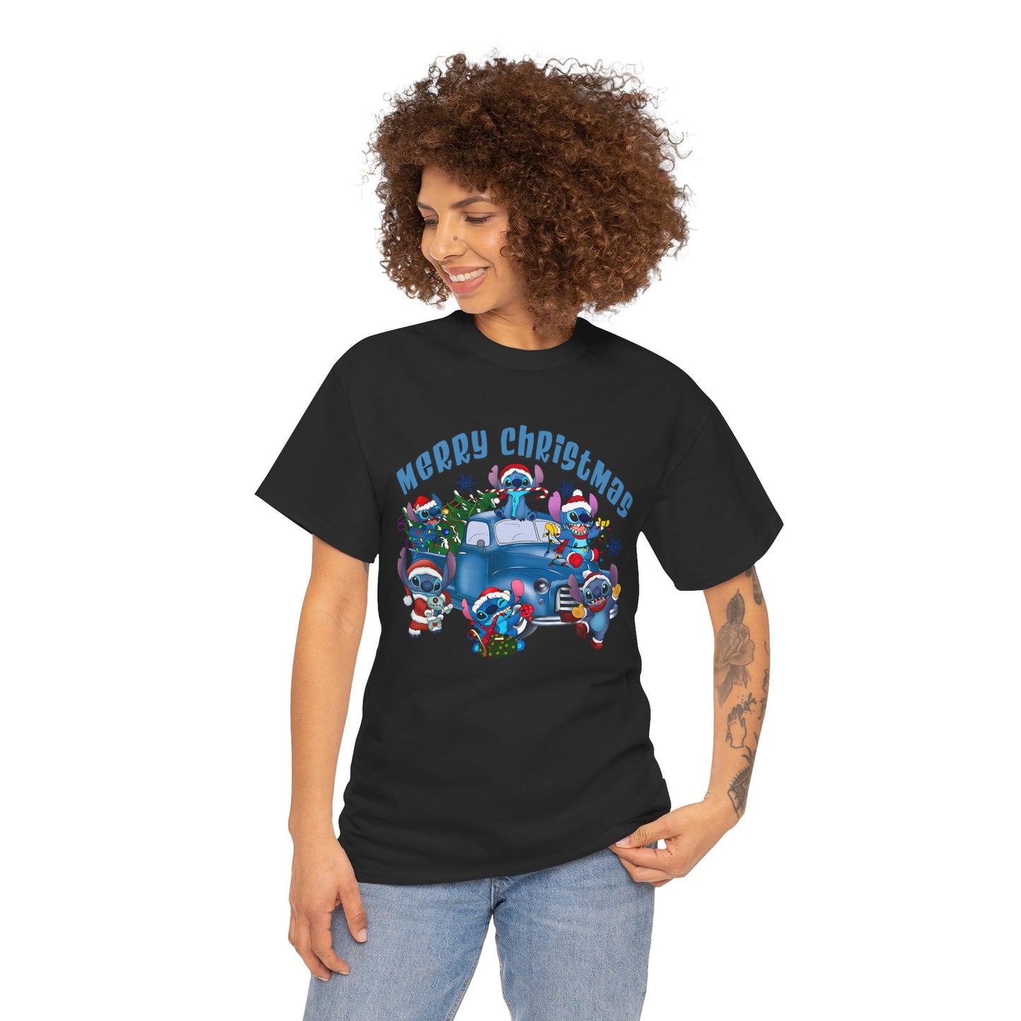 Merry Christmas Unisex Heavy Cotton T-Shirt – Blue Christmas Truck & Cute Holiday Characters Tee
