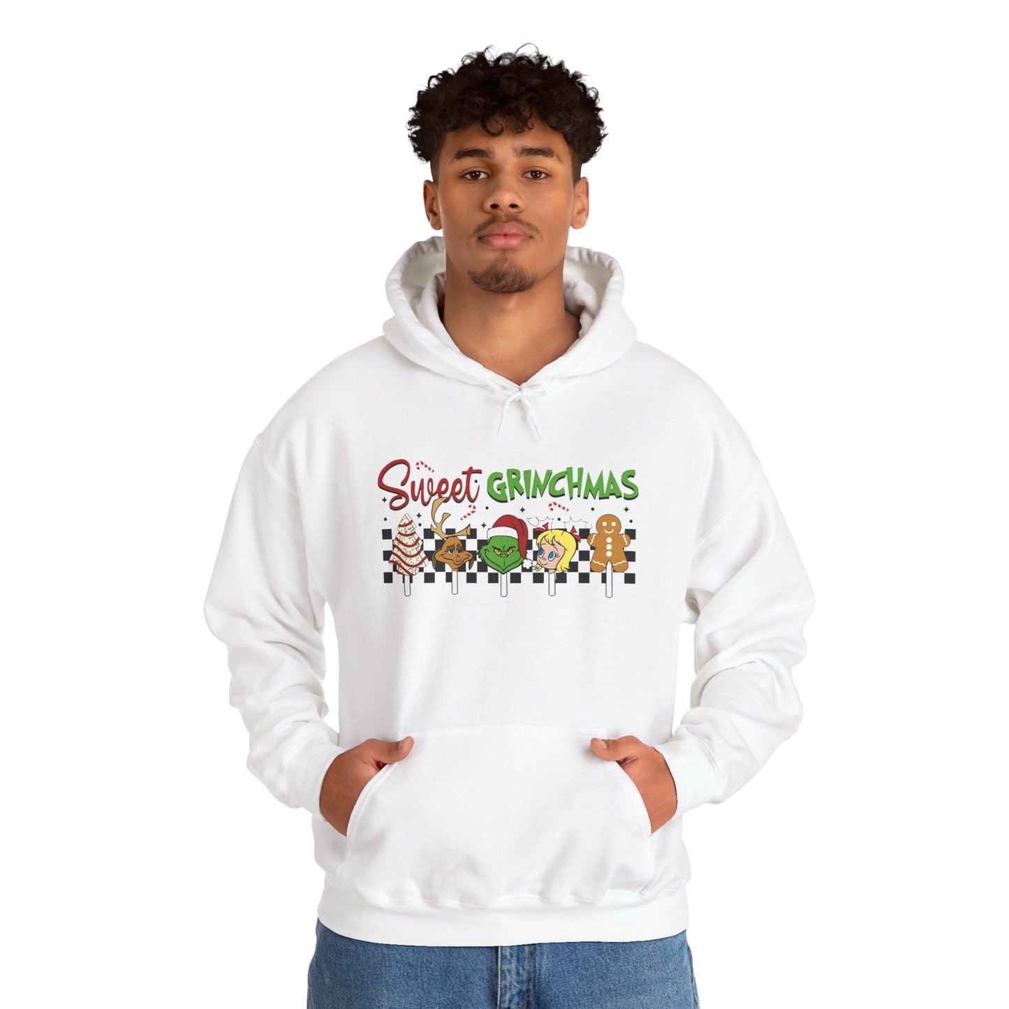 Sweet Grinchmas Candy Characters Funny Christmas Hoodie – Cute Holiday Treats Grinch-Inspired Unisex Heavy Blend Hooded Sweatshirt