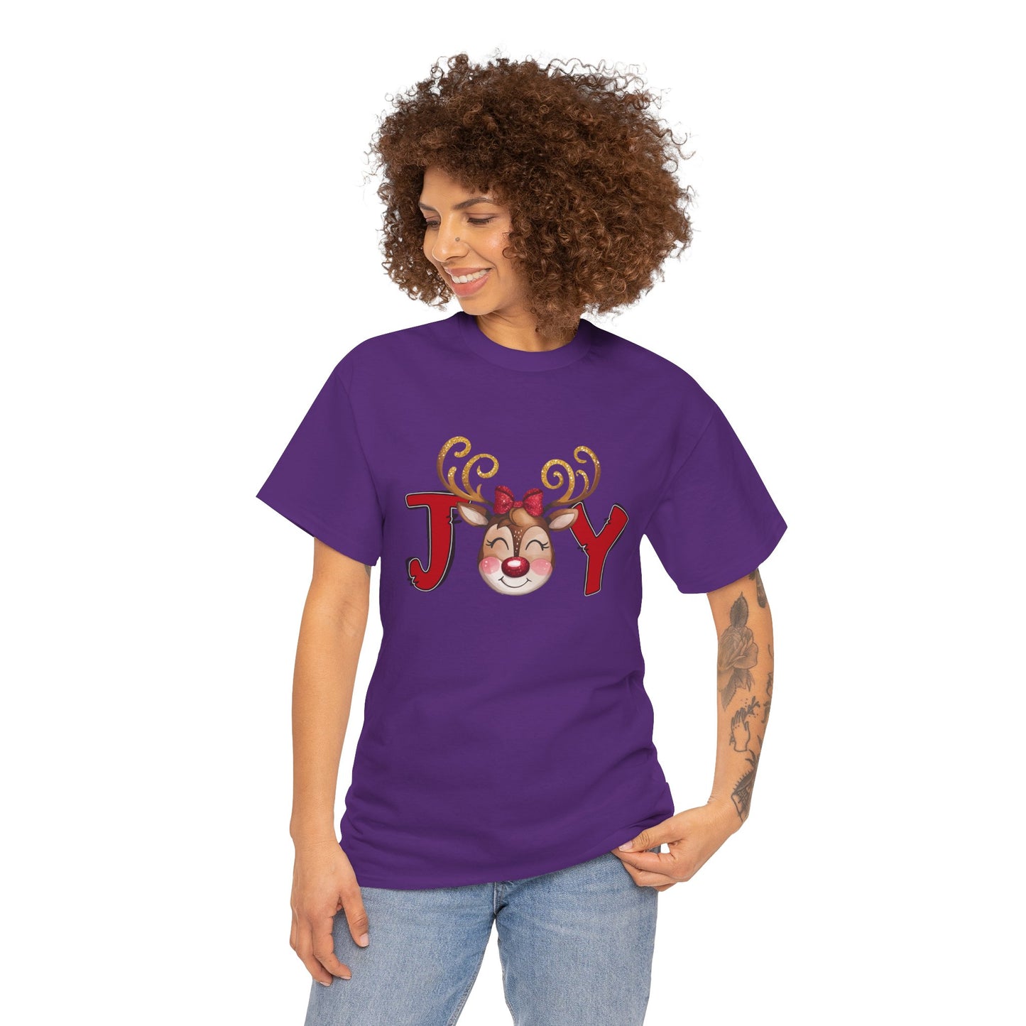 Reindeer Joy Women’s Christmas T-Shirt – Cute Holiday Reindeer Face Heavy Cotton Tee