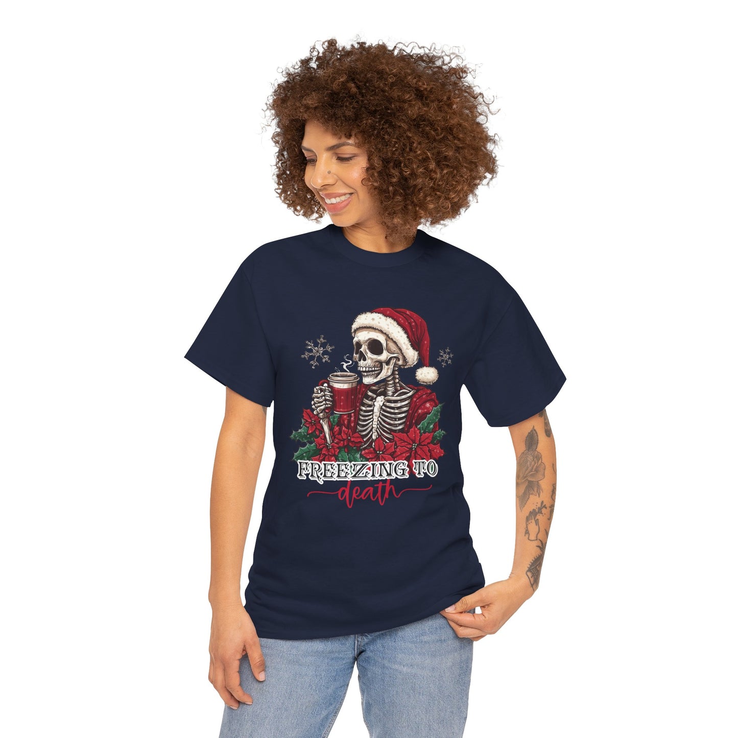 Freezing To Death Skeleton Christmas Tee – Funny Holiday Unisex Heavy Cotton T-Shirt, Winter Coffee Xmas Shirt