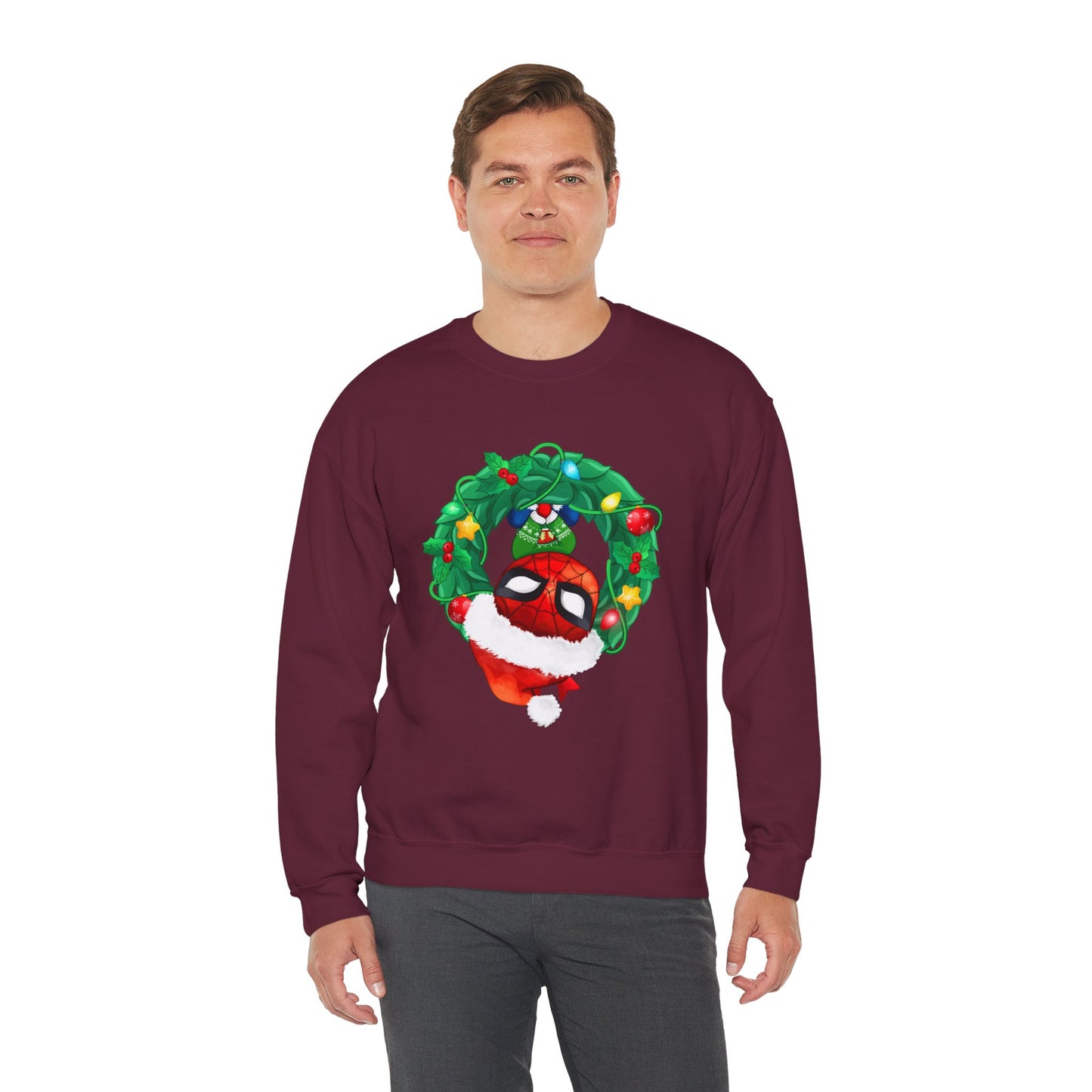 Spidey Wreath Christmas Sweatshirt – Superhero Holiday Lights Festive Unisex Heavy Blend Crewneck